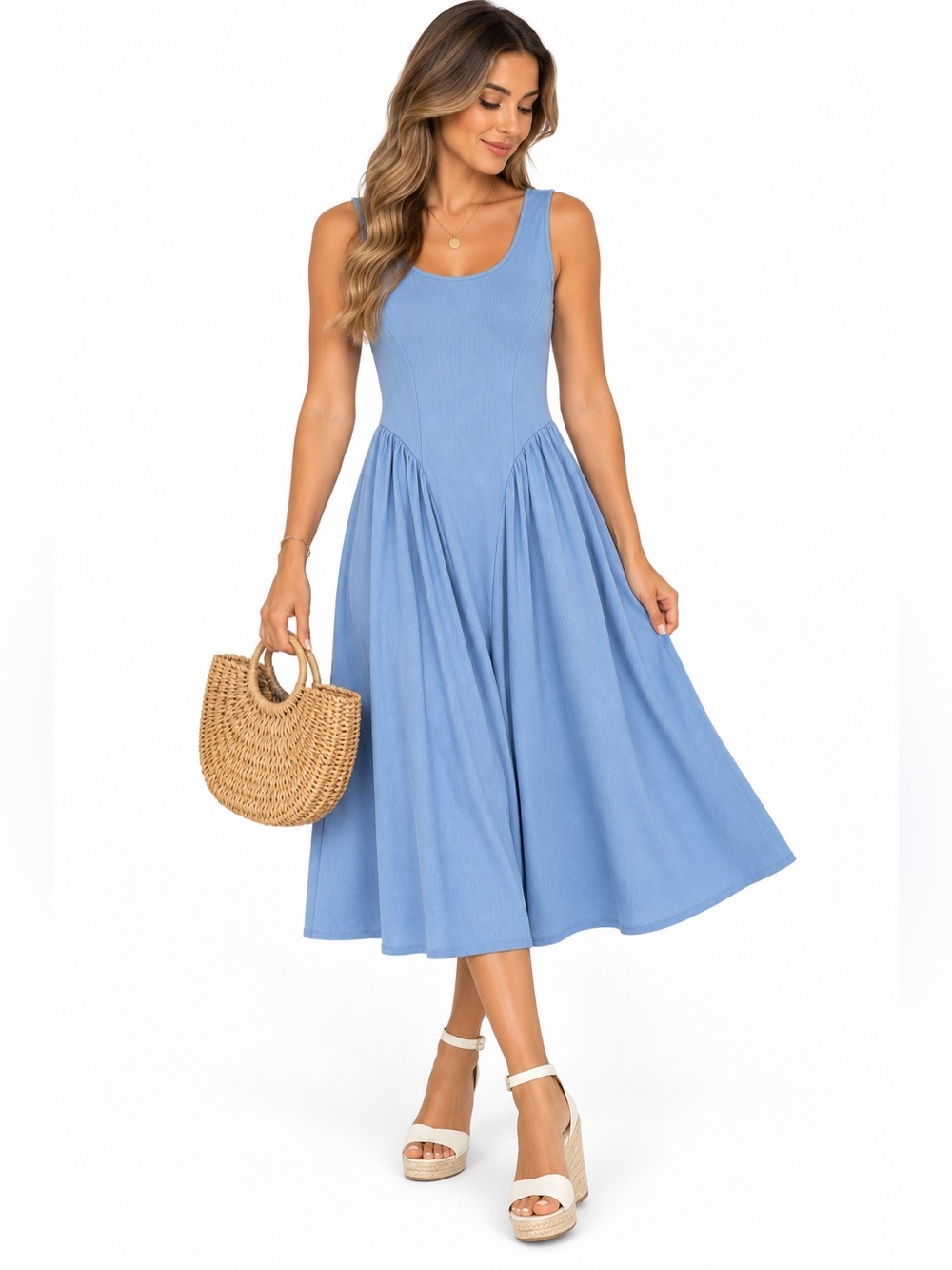 Harlow & Rose NWT Blue Ribbed Fit & Flare Midi Dress Size S